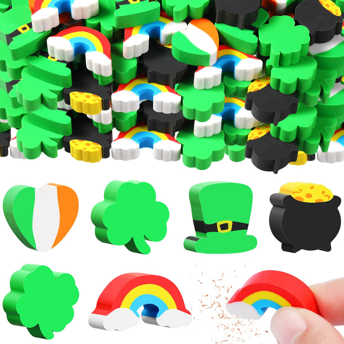 Gersoniel St Patrick's mini erasers with trefoil clover; classroom rewards.