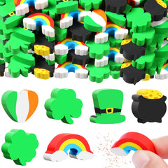 Gersoniel St Patrick's mini erasers with trefoil clover; classroom rewards.