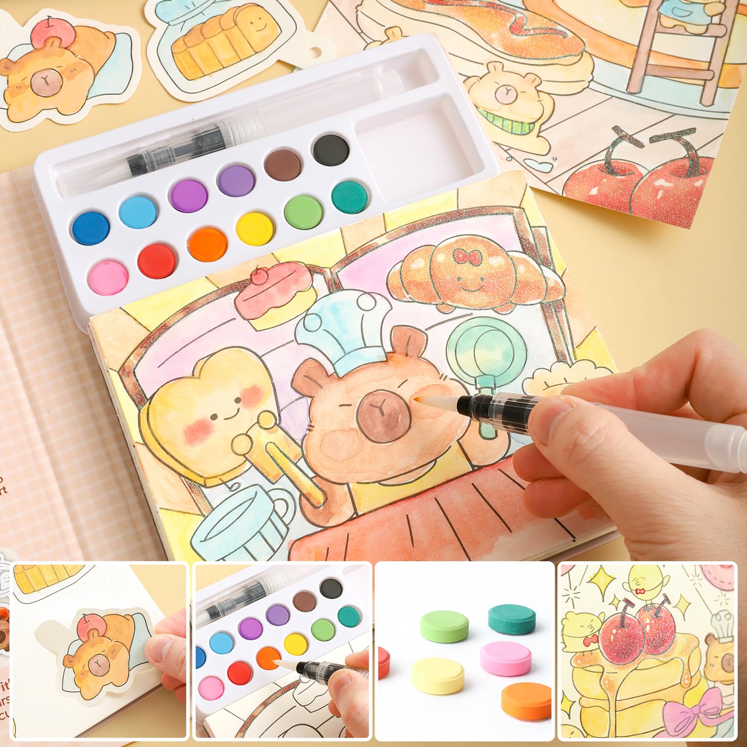 gesboole watercolor brush beside pages highlighting vibrant capybara illustrations