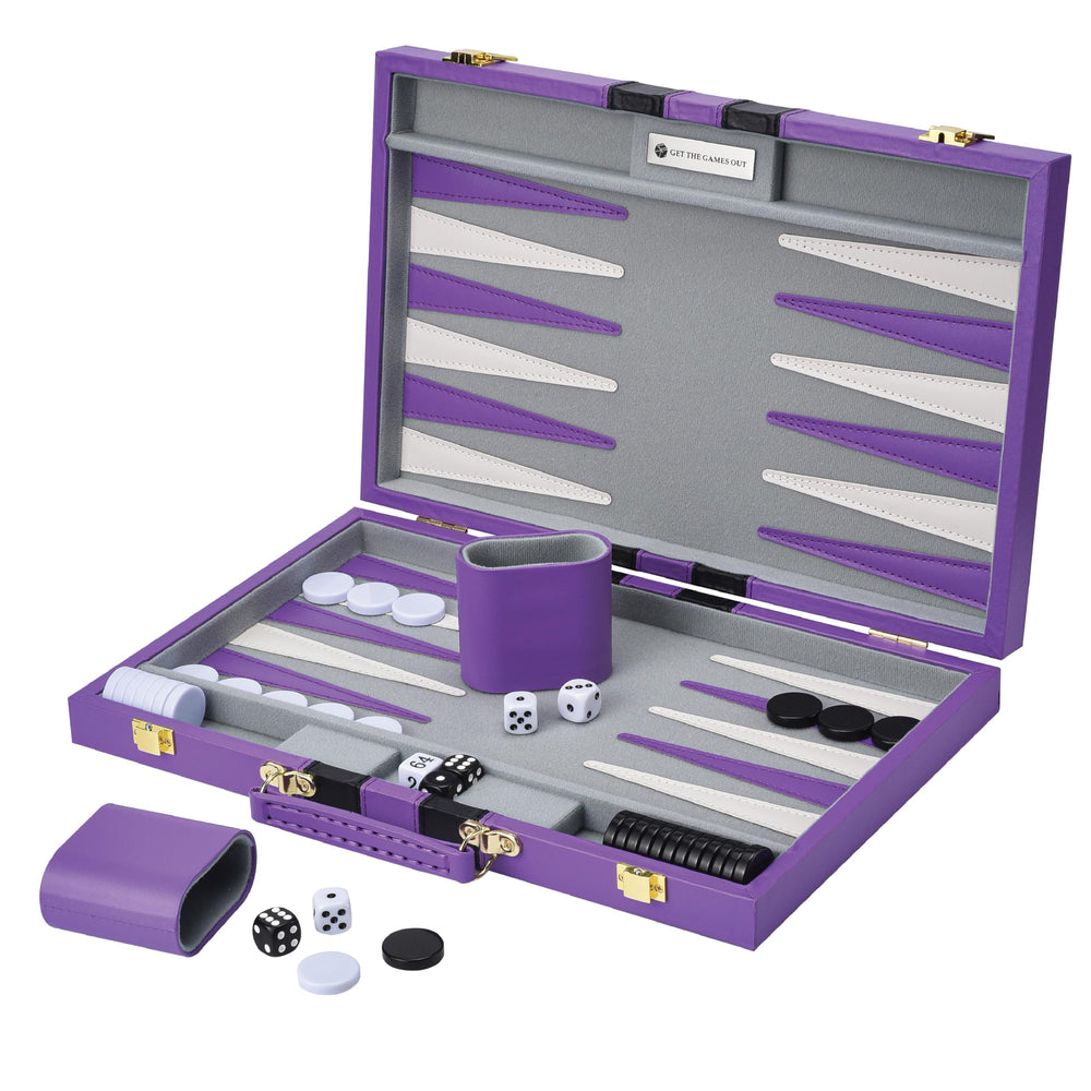 Get The Games Out backgammon set large purple case open for travel and easy setup