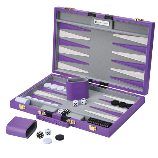 Get The Games Out backgammon set large purple case open for travel and easy setup