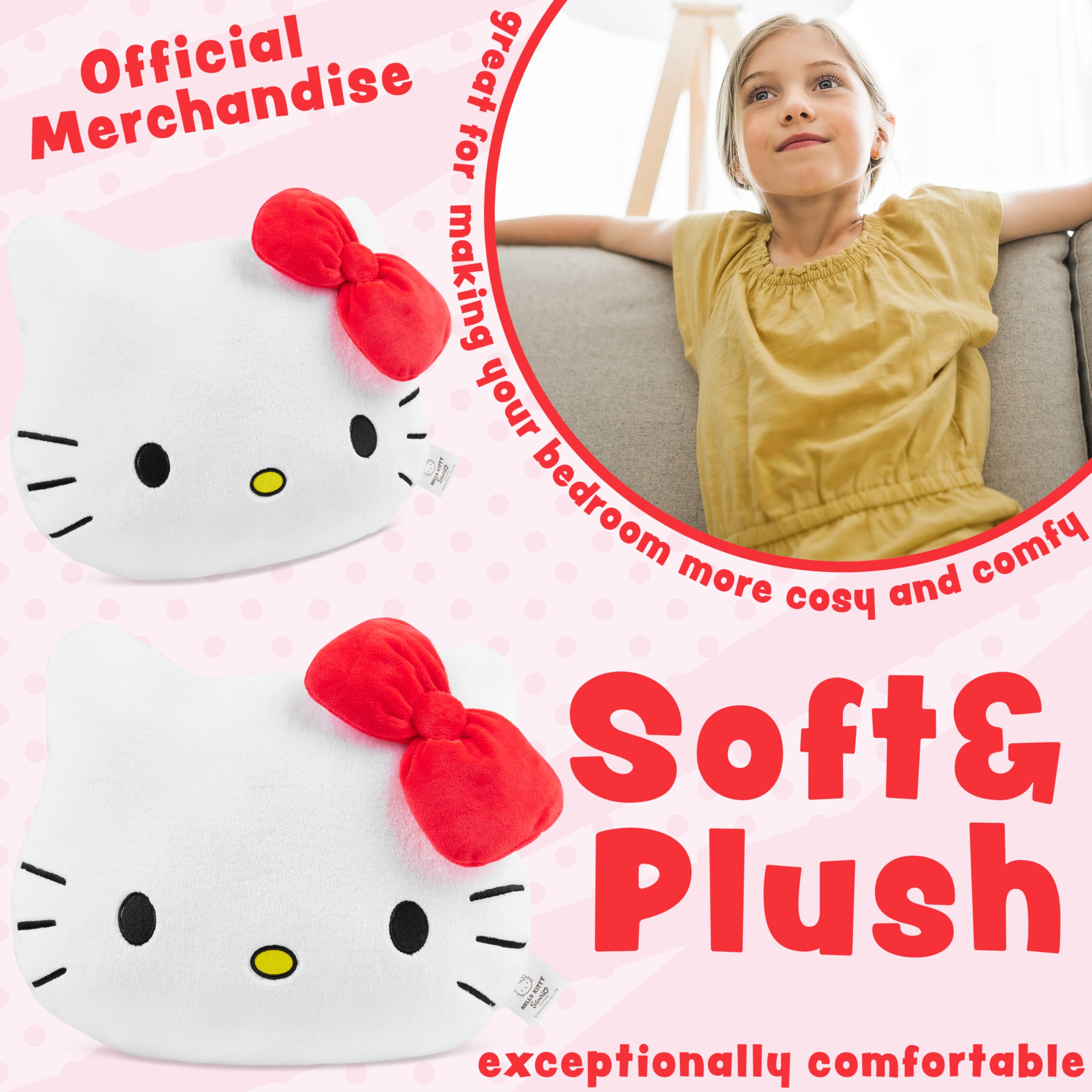 Get Trend Hello Kitty plush cushion side view highlighting safe stitched design for kids' rooms.