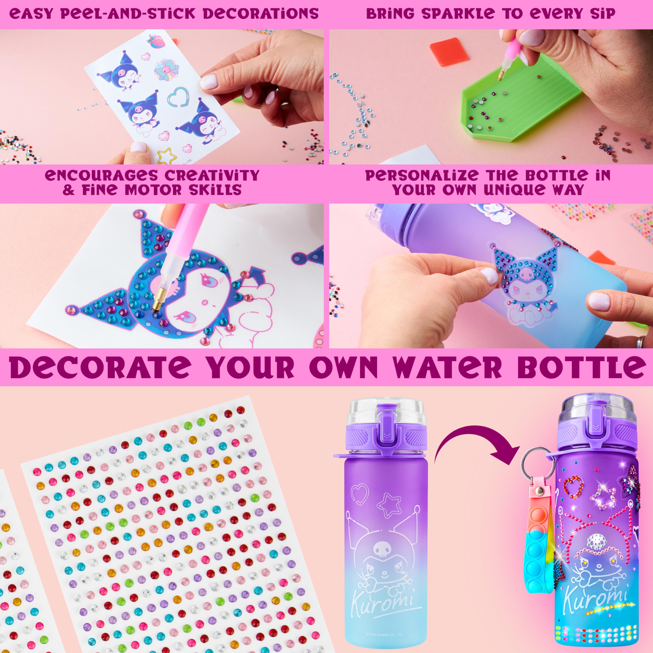 Get Trend Kuromi bottle decoration kit with stickers and gems for sparkle.