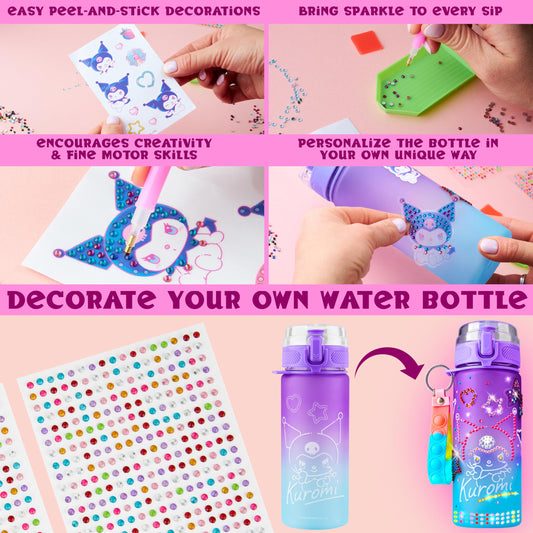 Get Trend Kuromi bottle decoration kit with stickers and gems for sparkle.