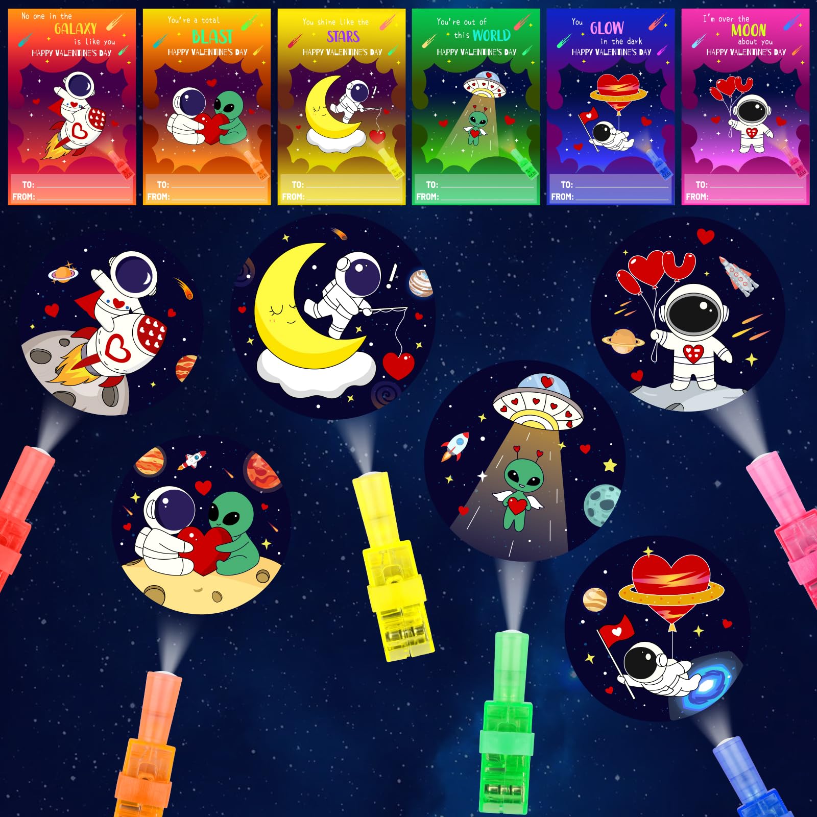 GEWUJATOP Valentines Space Finger Light with astronaut design, worn comfortably by kids during classroom exchanges.