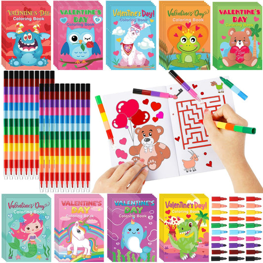 Geyee Valentine coloring books set, compact size for travel-friendly classroom fun.