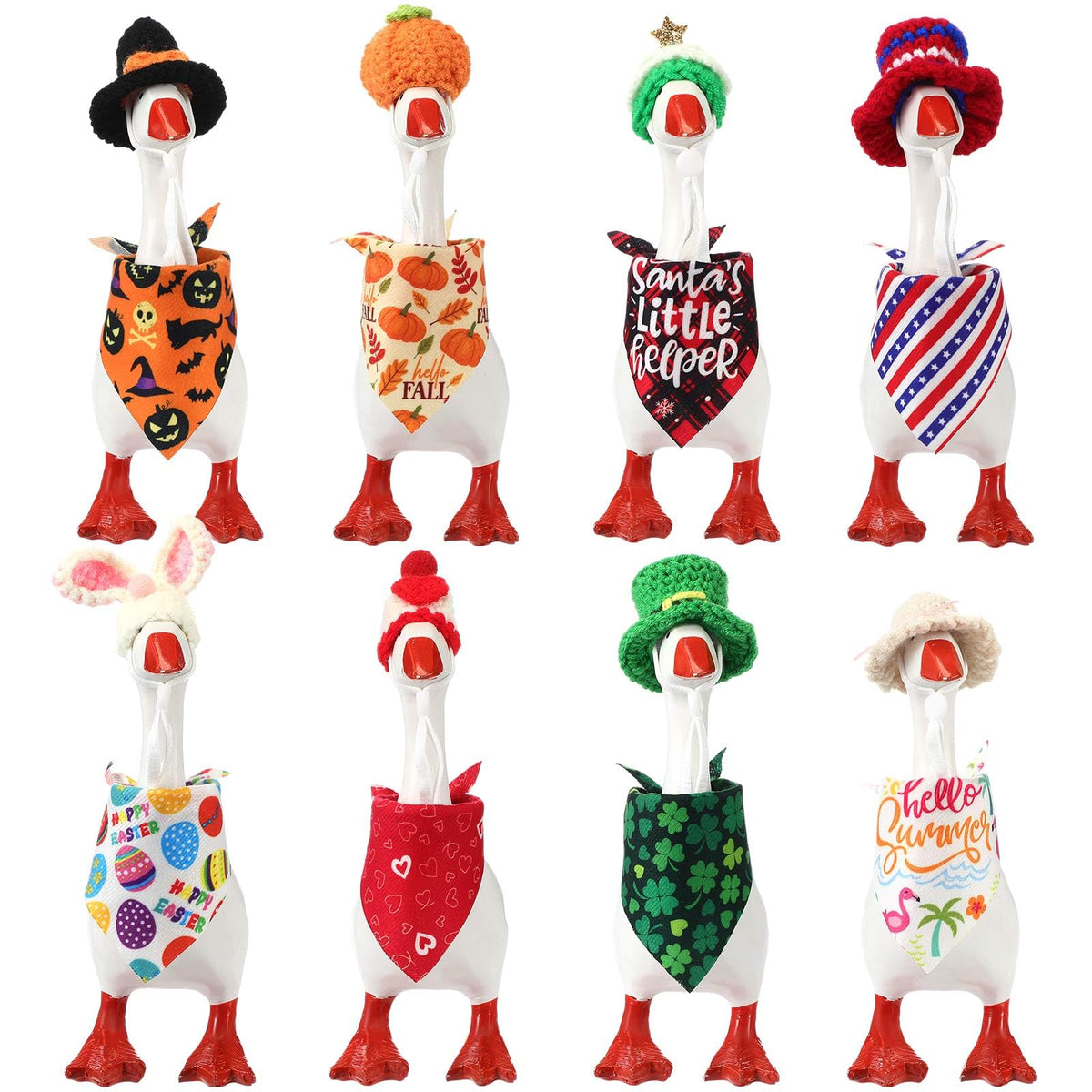 Geyoga 8-set mini goose hats; cozy knit accents enhance year-round desk goose decor and photos.