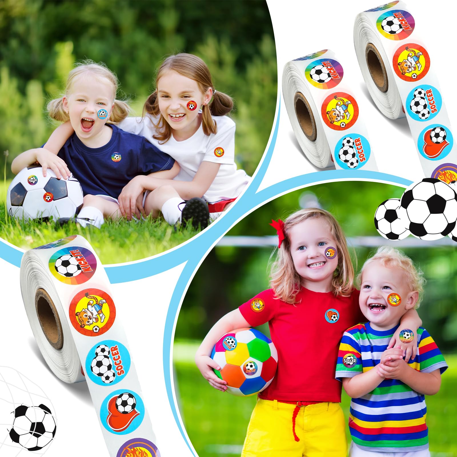 Geyoga soccer stickers decorate water bottles and laptops with playful design.