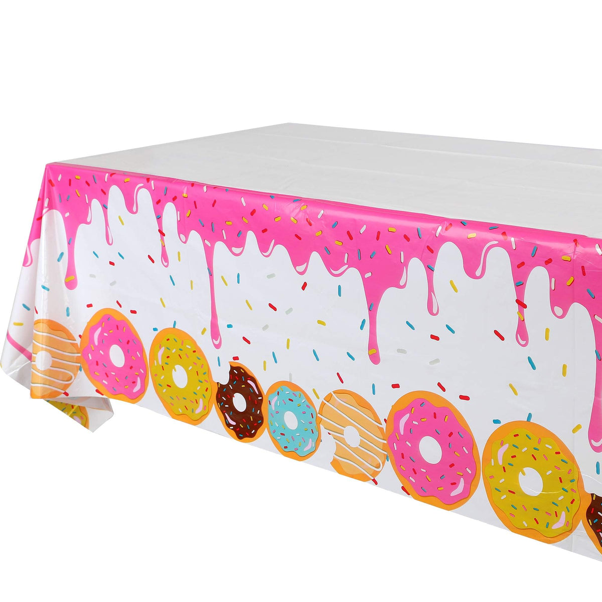 GGDE donut dessert table cover laid flat for a candy themed birthday display
