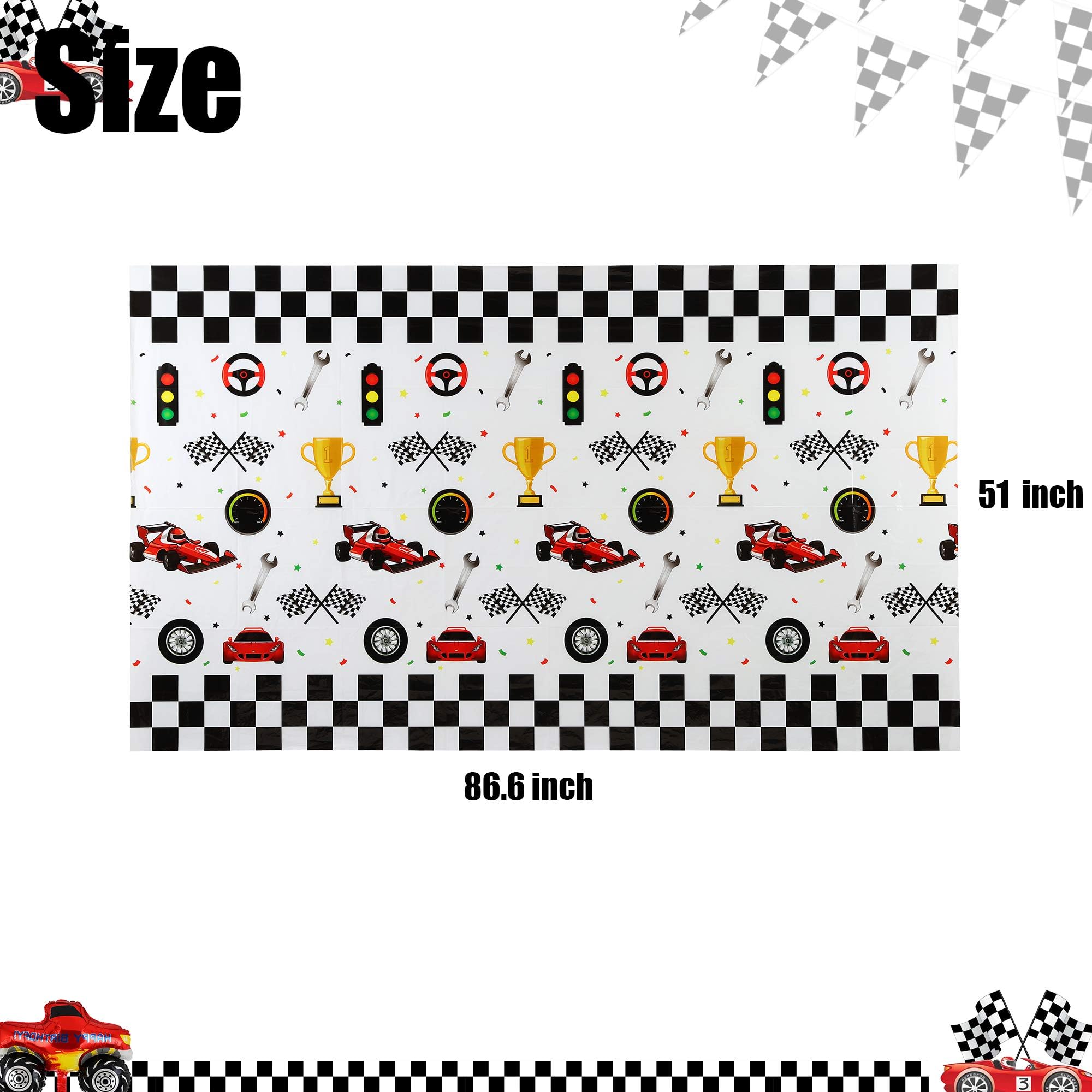 GGDE racing car table cover at birthday party scene, ideal photo backdrop.