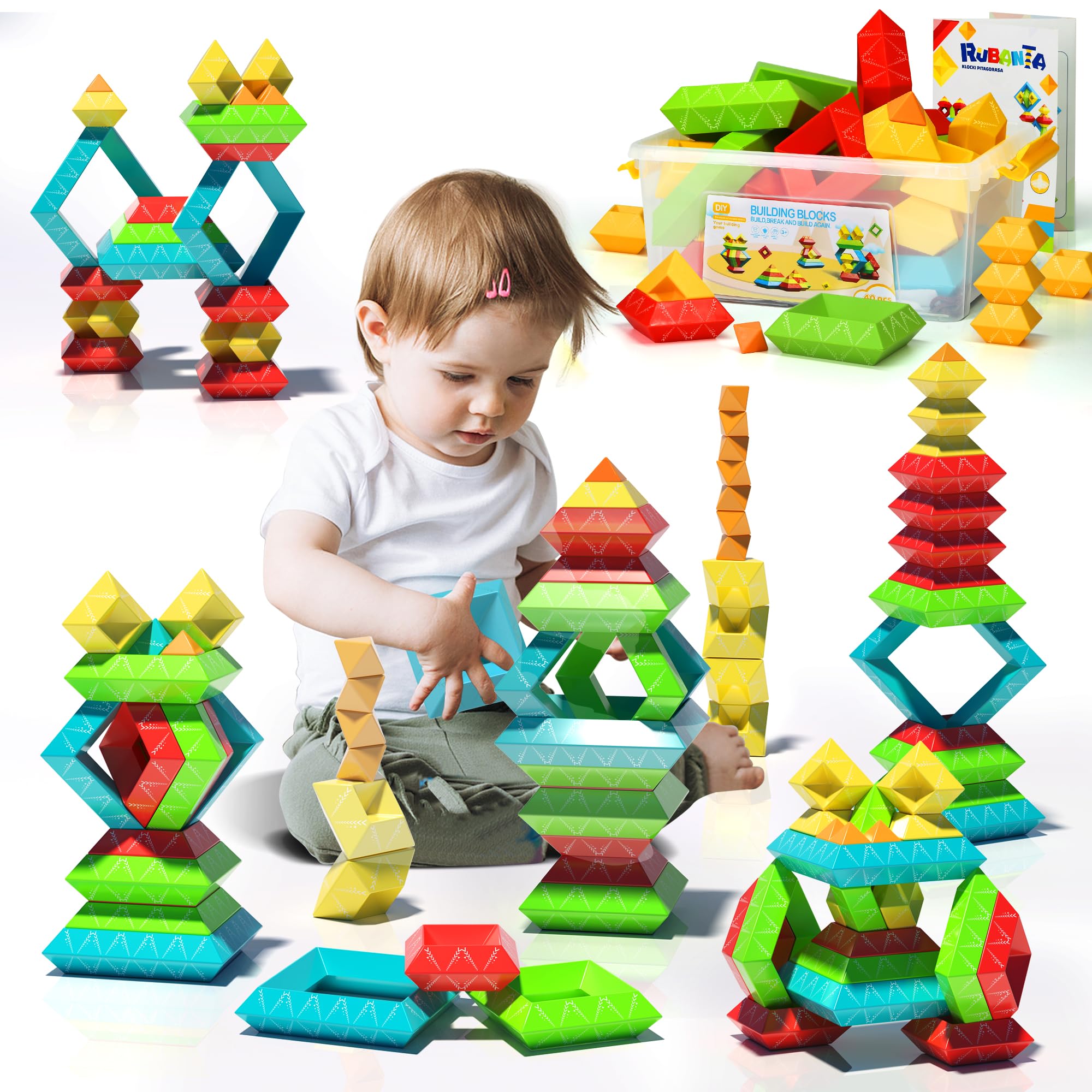 Ggiibro 40-piece Montessori pyramid blocks for toddlers develop fine motor skills and spatial awareness.