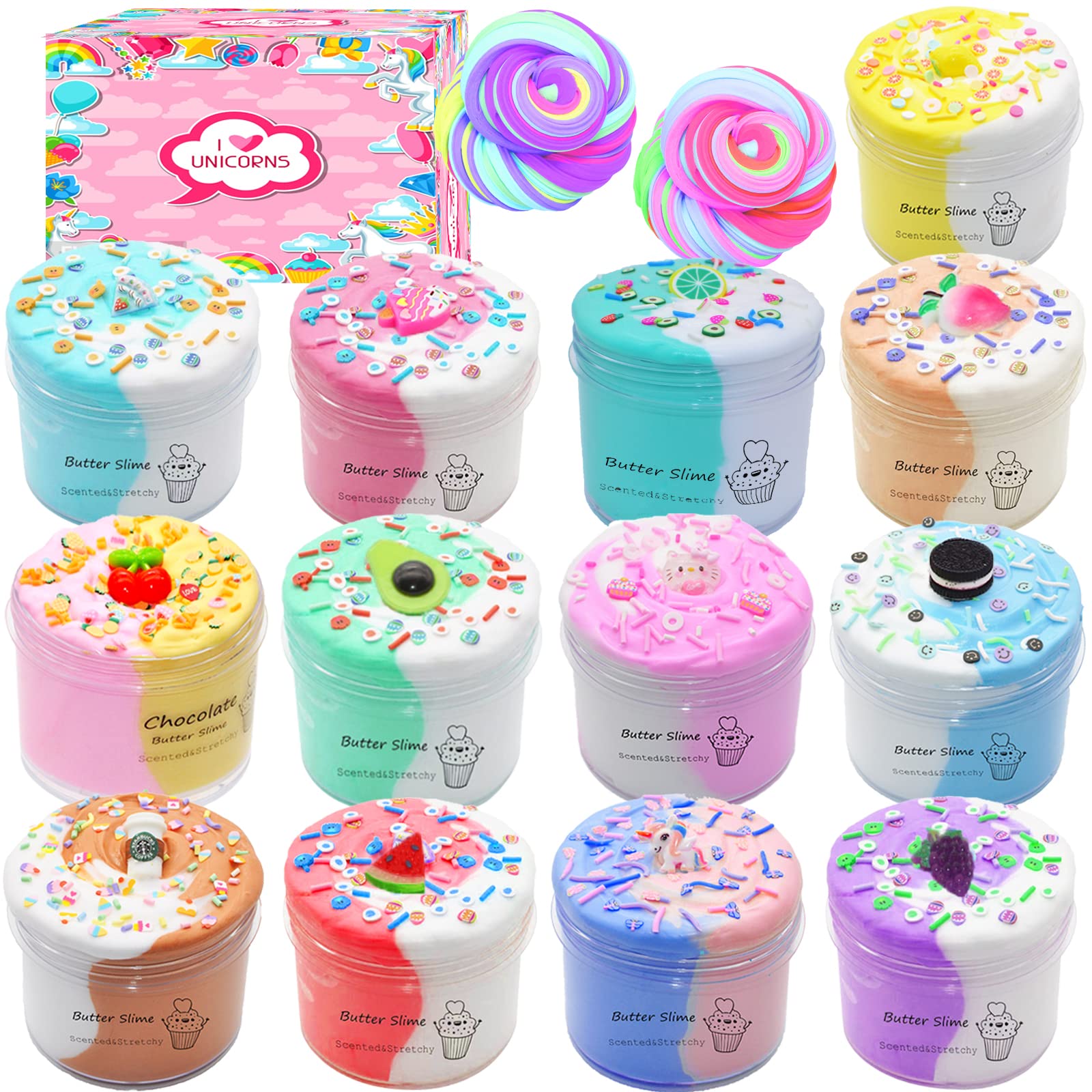 GHFEOOHN 13-pack unicorn dual-color butter slime kit in a case for creative play and storage