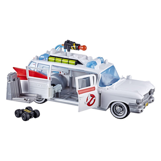 Ghostbusters Ecto-1 playset with doors open for figure entry and mission setup.