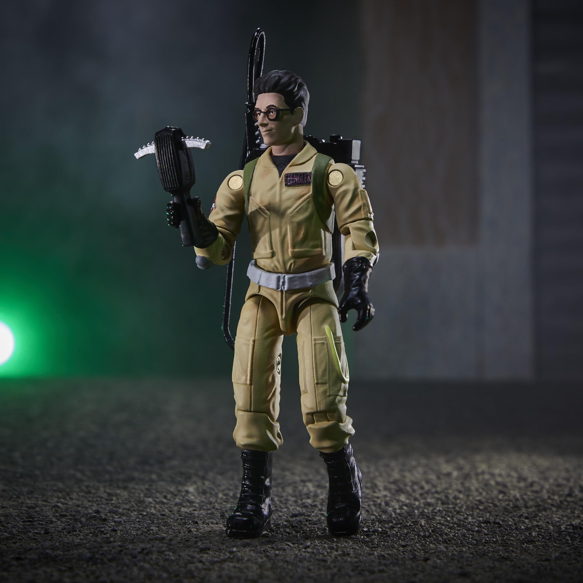 Egon Spengler figure with plasma pack ready for shelf display