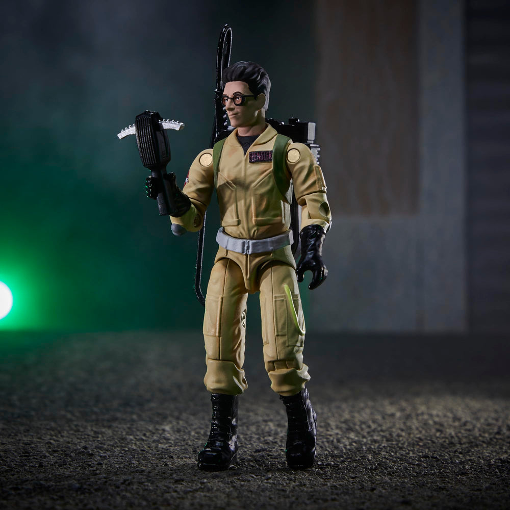 Egon Spengler figure with plasma pack ready for shelf display