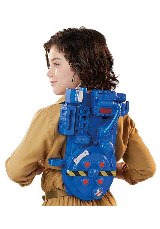 Ghostbusters proton pack classic blue on display, nostalgic pretend toy for battles.
