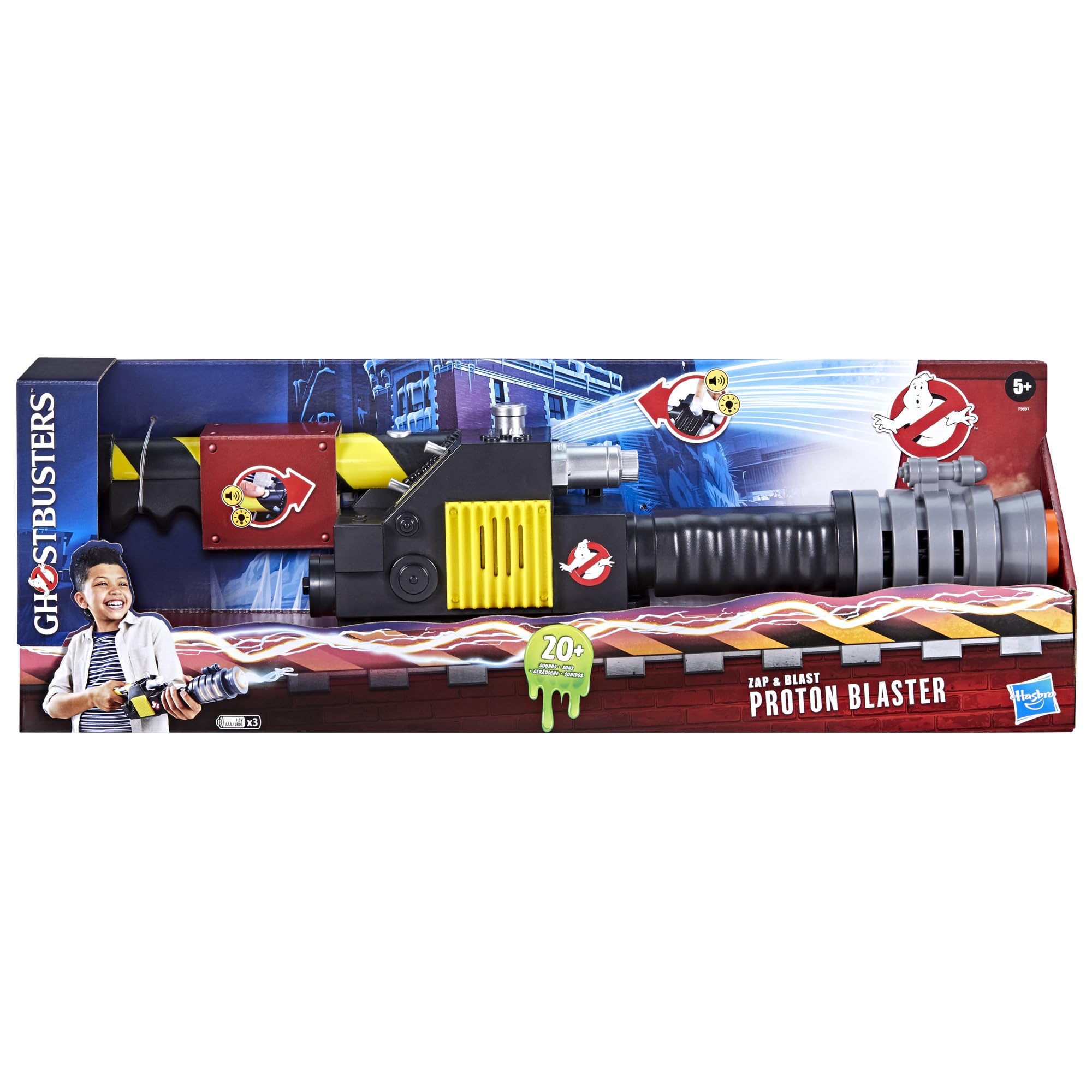 Ghostbusters Zap & Blast blaster illuminated by LED lights for action.