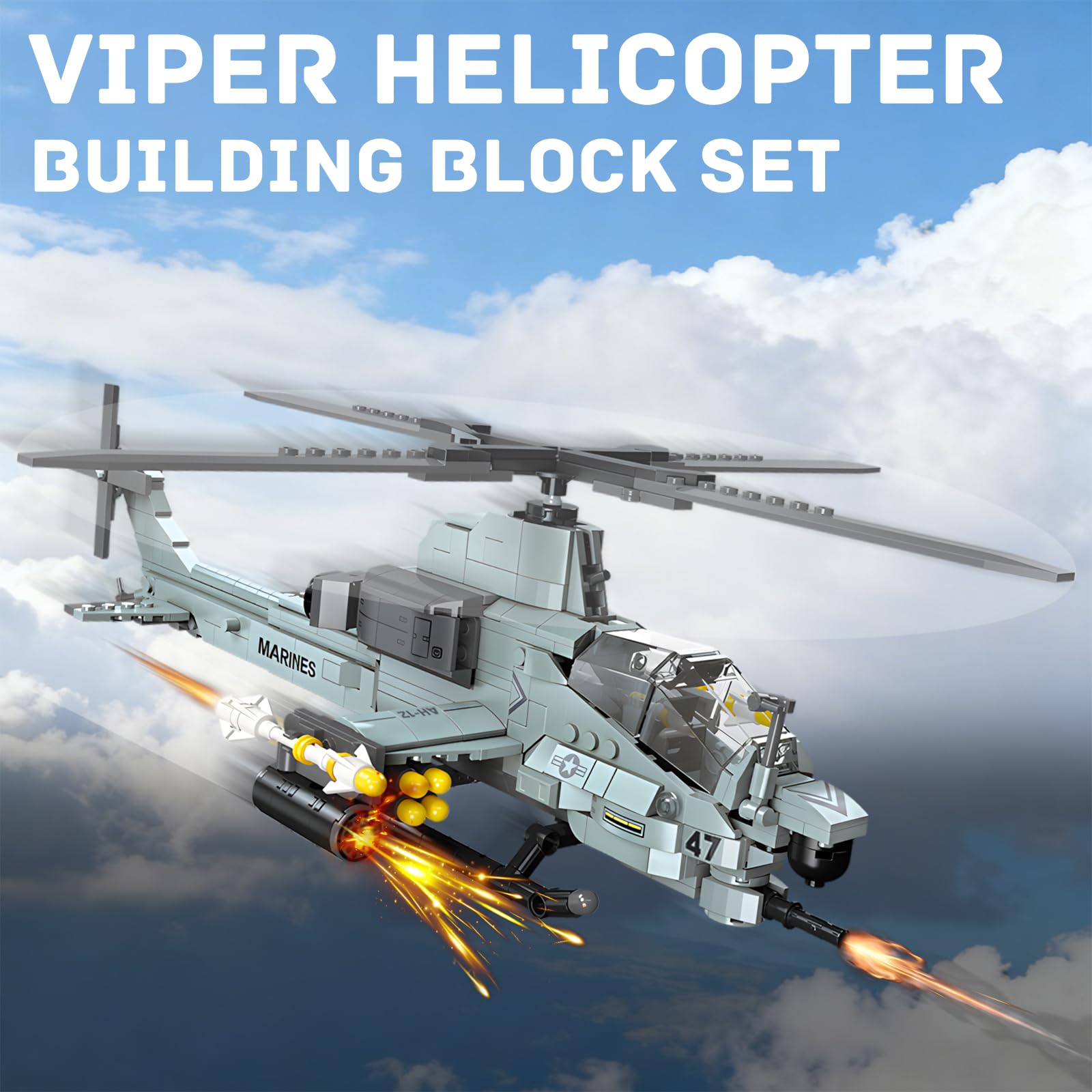 GHQYTPR AH-1Z Viper bricks shown during assembly, building spatial thinking and dexterity.