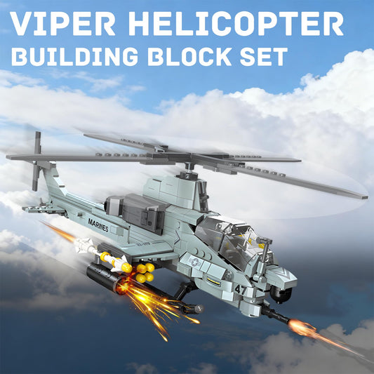 GHQYTPR AH-1Z Viper bricks shown during assembly, building spatial thinking and dexterity.