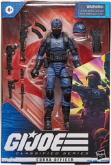 G.I. Joe Cobra Officer with packaging artwork enhances collection presentation.