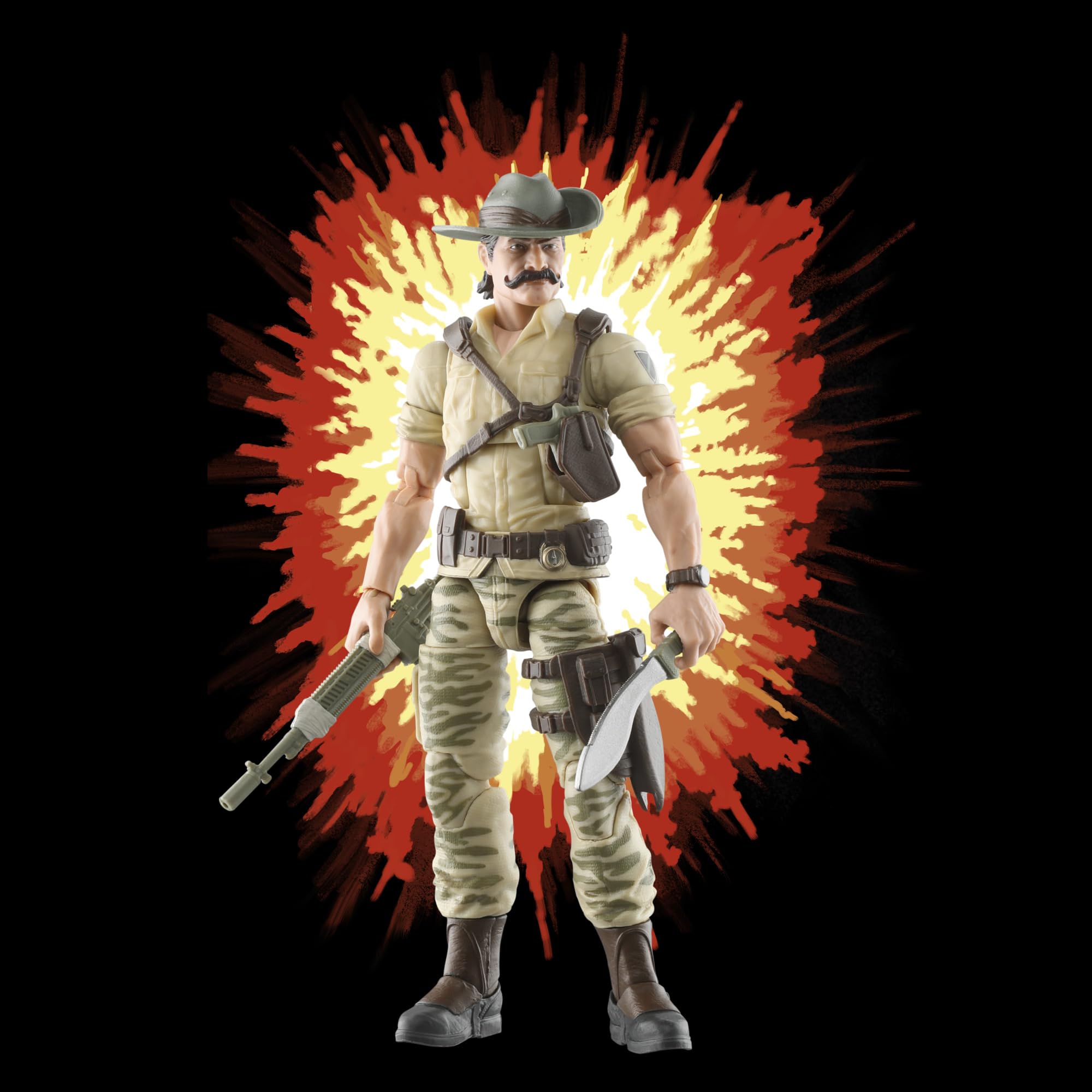 Recondo with machete emphasizes jungle-ready gear.