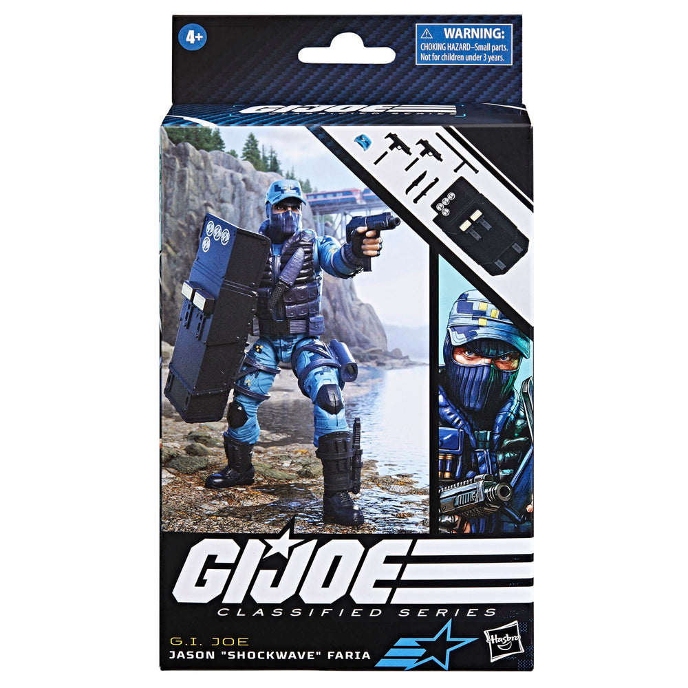 G.I. Joe Shockwave with riot shield demonstrates action-ready display options.