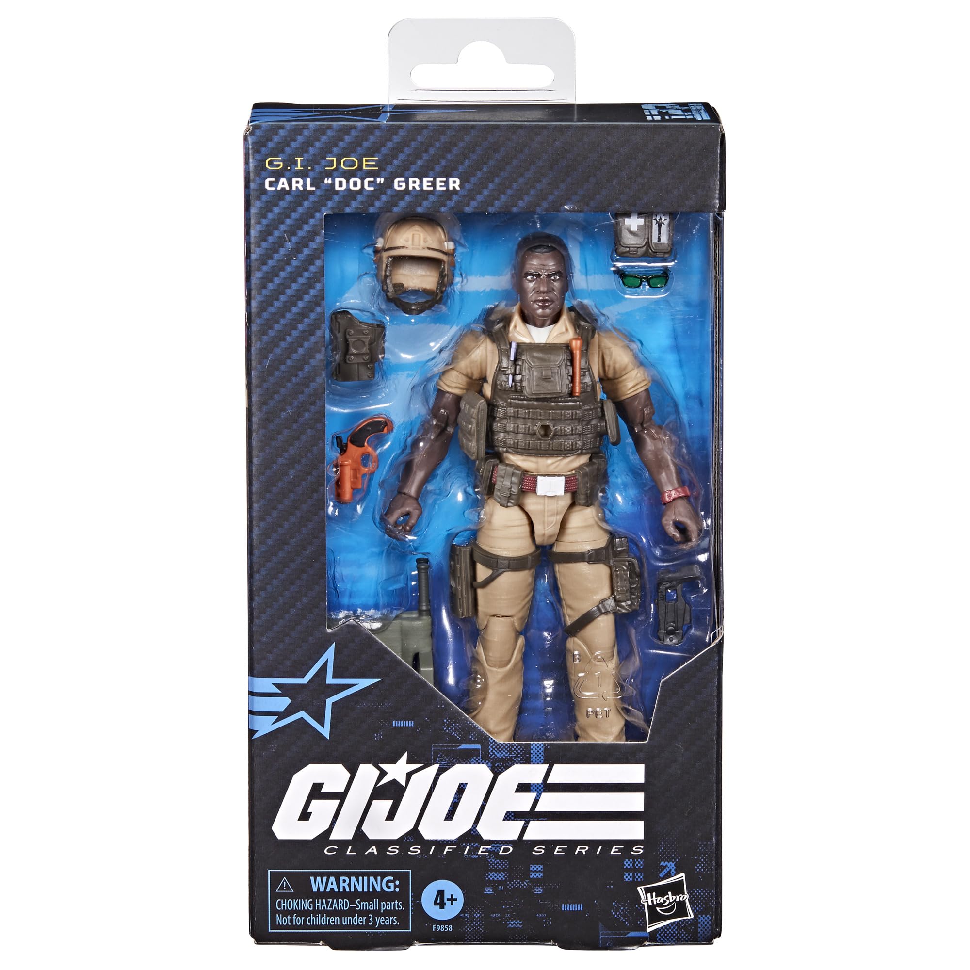 G.I. Joe Doc Greer accessory loadout shows seven pieces for display.