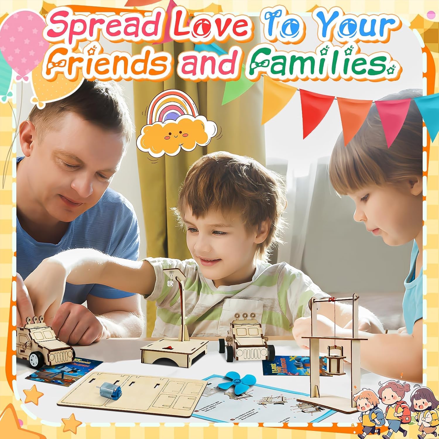 GIAKAN valentines cards assembly scene highlighting wooden STEM pieces for hands-on learning.