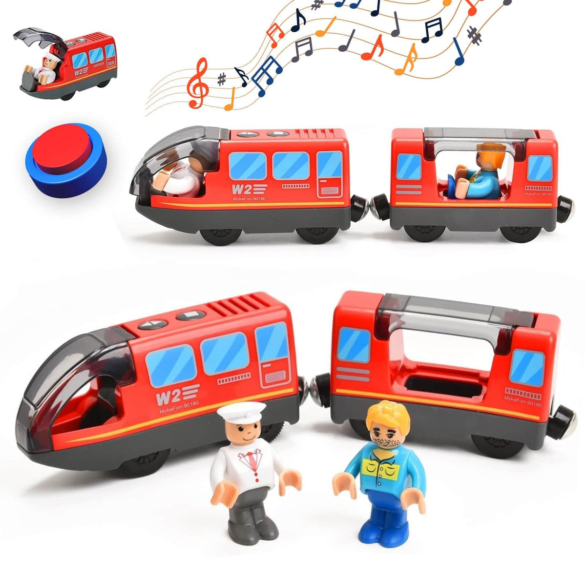 Giant bean battery-operated locomotive on wooden tracks for imaginative play