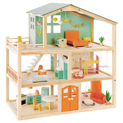 Giant bean dollhouse front view highlights durable wooden construction for lasting imaginative play