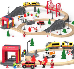 Giant Bean fire station wooden train set locomotive in action for imaginative play