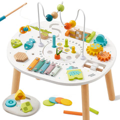 Giant Bean wooden activity table bead maze promotes fine motor development during toddler play.