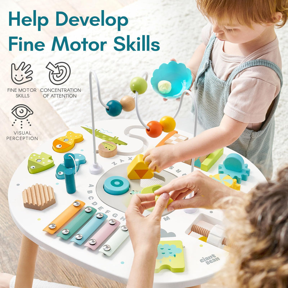 Giant Bean wooden activity table fishing game enhances hand-eye coordination and focus.