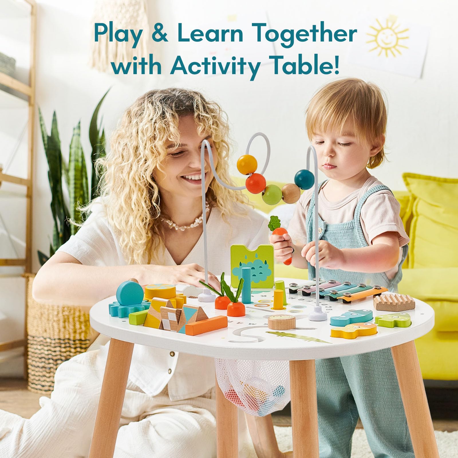 Giant Bean wooden activity table pattern puzzles stimulate sequencing and concentration.