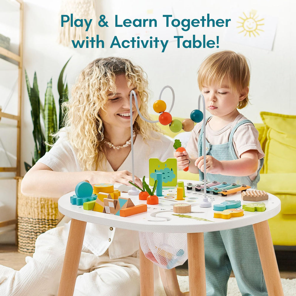 Giant Bean wooden activity table pattern puzzles stimulate sequencing and concentration.