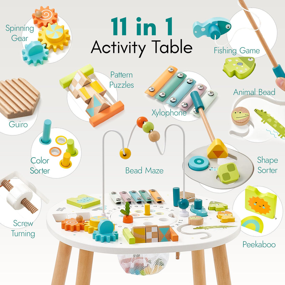 Giant Bean wooden activity table shape sorter supports early cognitive skills and problem solving.