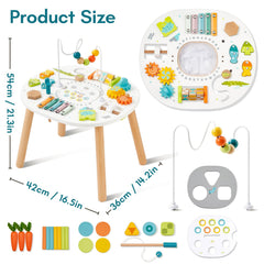 Giant Bean wooden activity table spinning gears offers engaging manipulative play and curiosity.