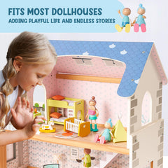 Giant bean wooden baby and child figures for nurturing pretend play.