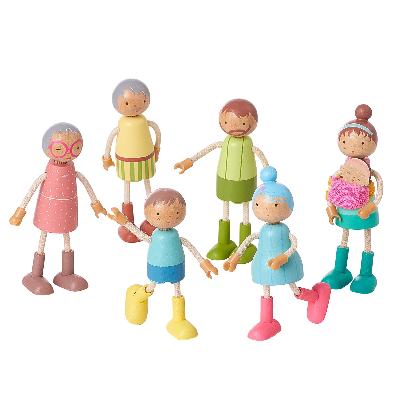 Giant bean wooden family dolls set seven figures for imaginative play.