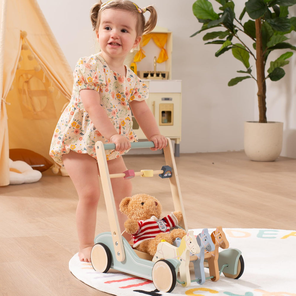Giant bean Wooden push walker assembly guide shows easy setup and safe, adjustable height.