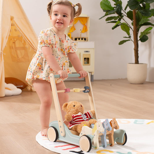Giant bean Wooden push walker assembly guide shows easy setup and safe, adjustable height.
