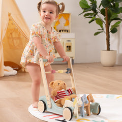 Giant bean Wooden push walker assembly guide shows easy setup and safe, adjustable height.