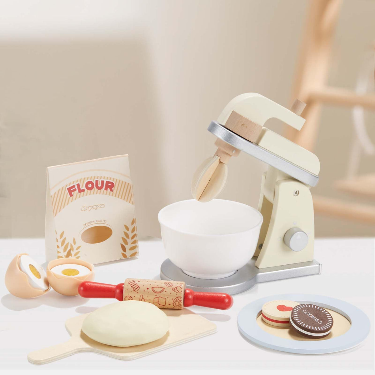 Giant Bean Wooden Toy Mixer with rotating whisk for imaginative kitchen pretend play.