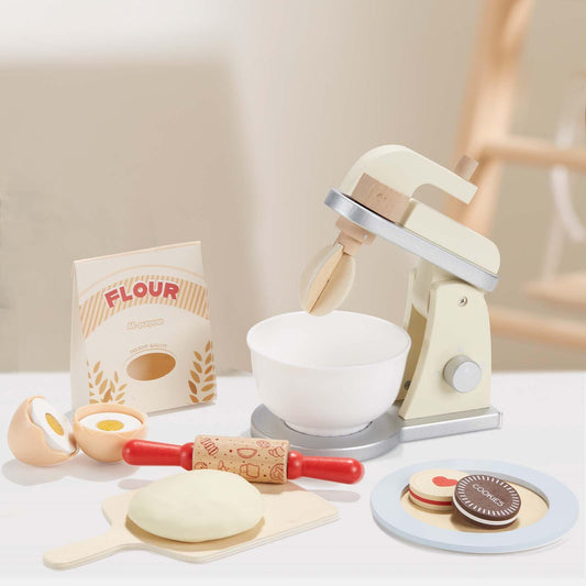 Giant Bean Wooden Toy Mixer with rotating whisk for imaginative kitchen pretend play.