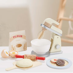 Giant Bean Wooden Toy Mixer with rotating whisk for imaginative kitchen pretend play.