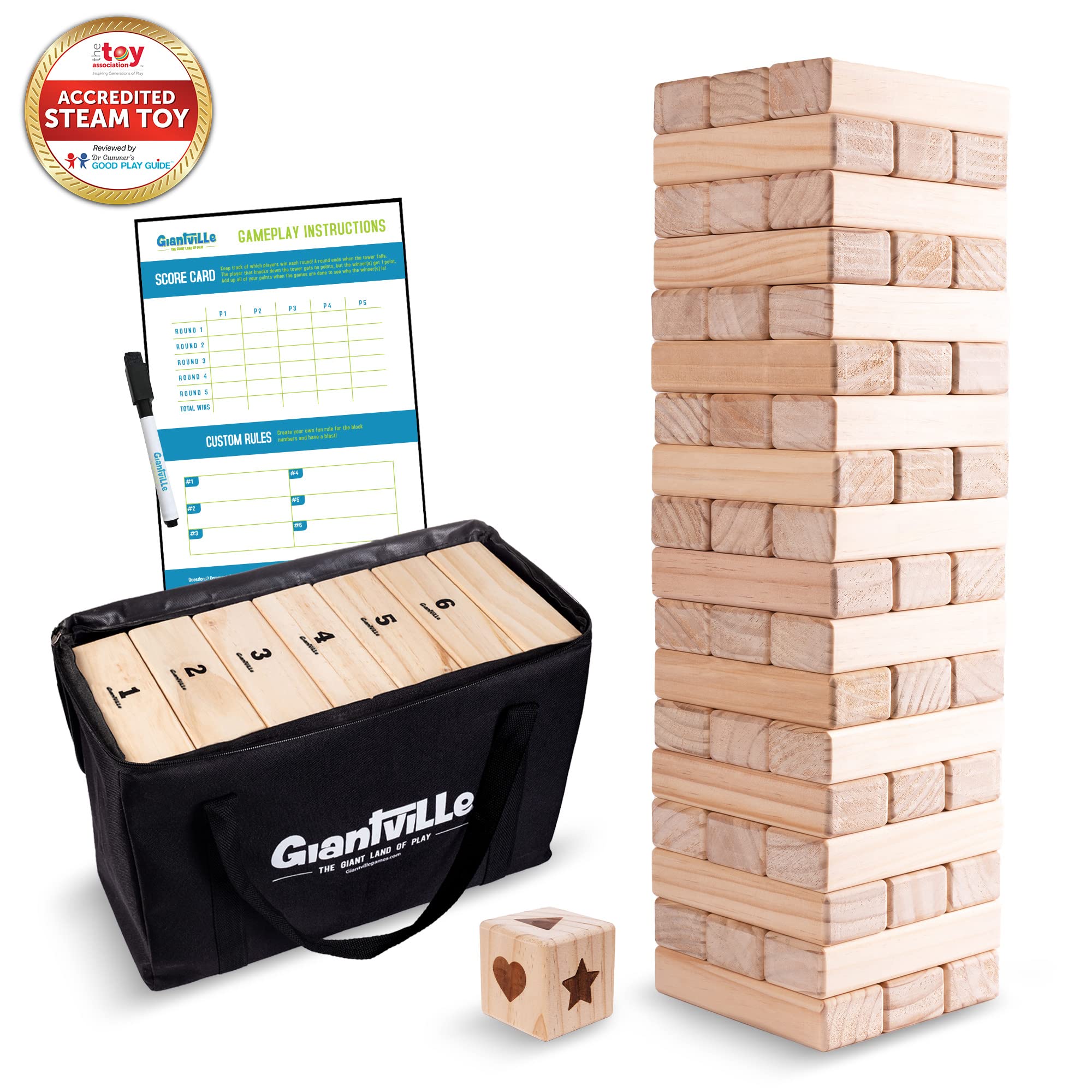 Giantville wooden dice included for varied play and scoring options.