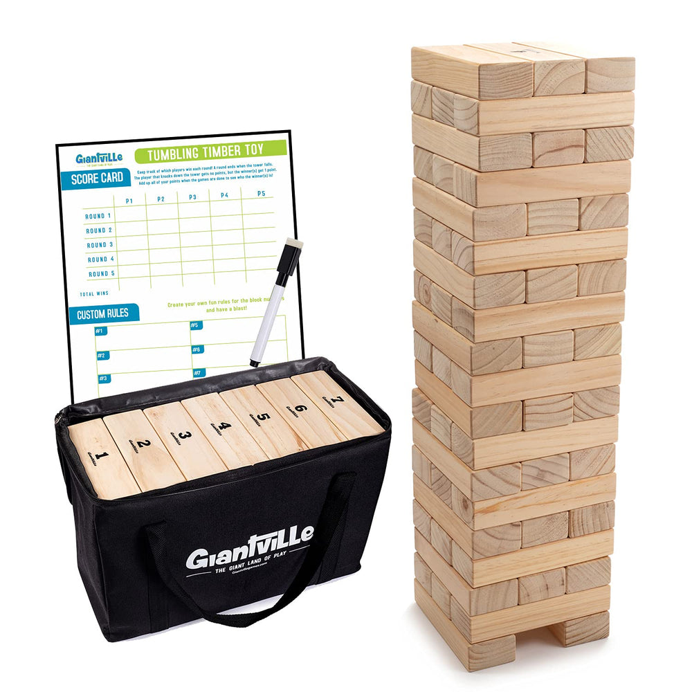 Giantville Giant Tumbling Timber blocks pile shows durable pine wood for lasting play