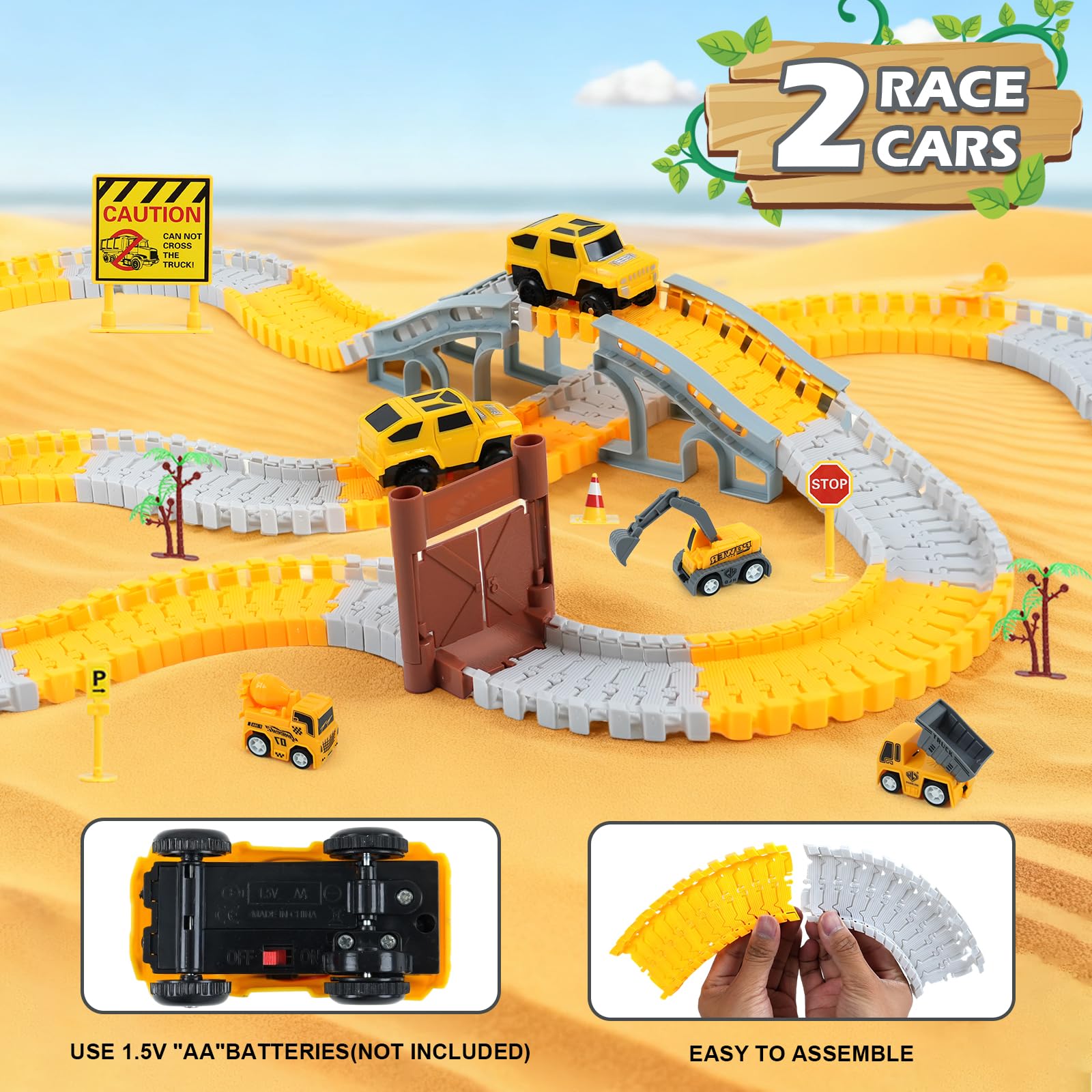 GIAT race cars and engineering cars on bendable tracks for dynamic play.