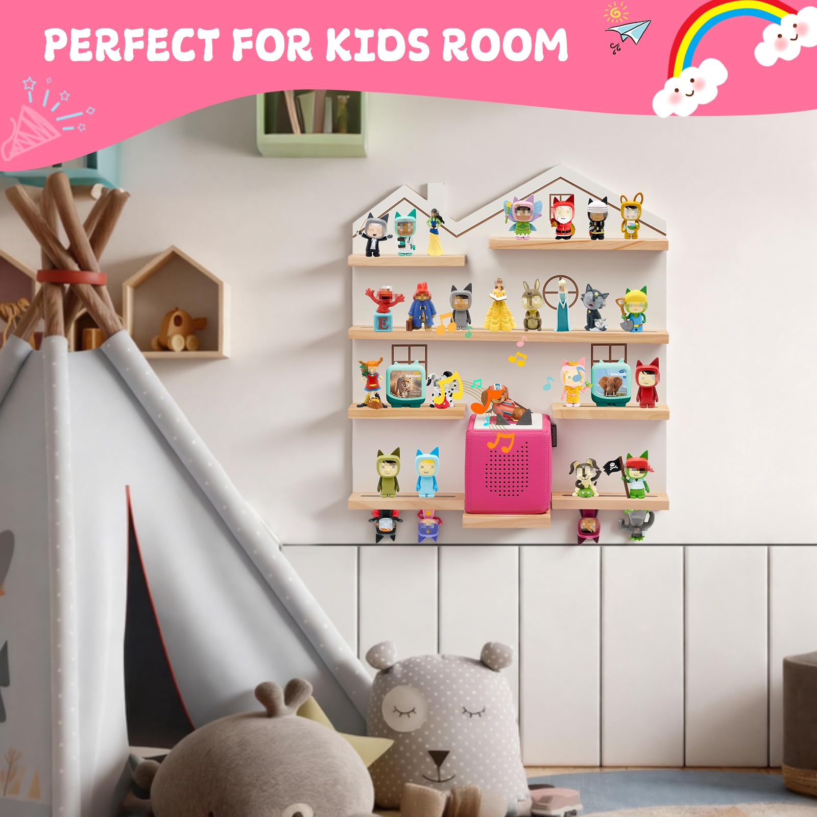 Gieanoo space-saving Tonie shelf design frees floor space.