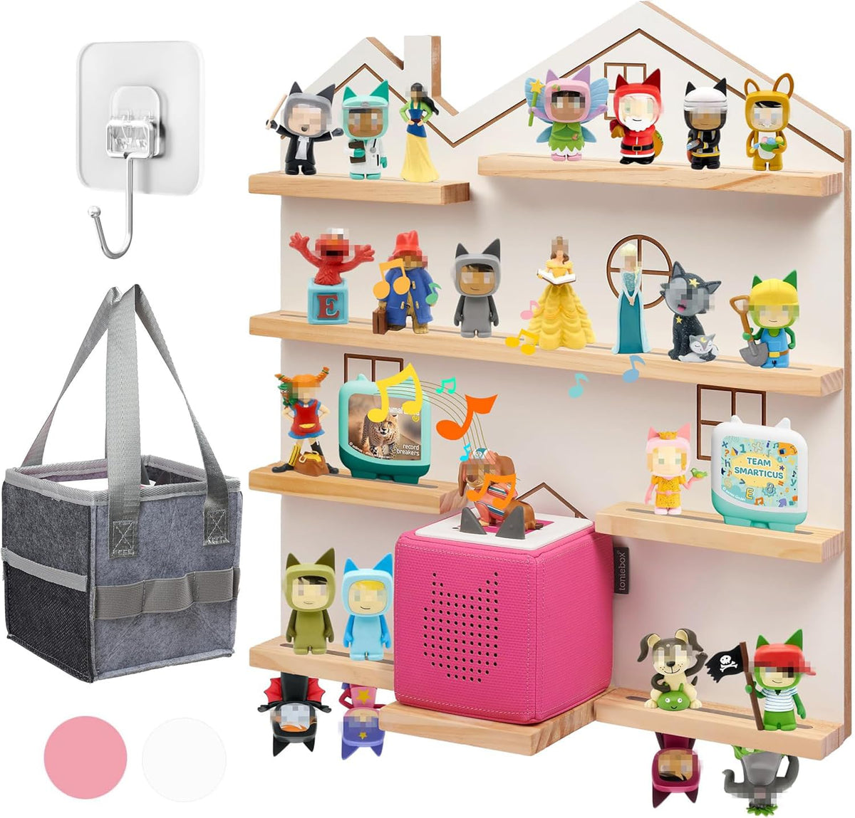 Gieanoo Tonie Shelf wall mount in white showing organized Toniebox setup.